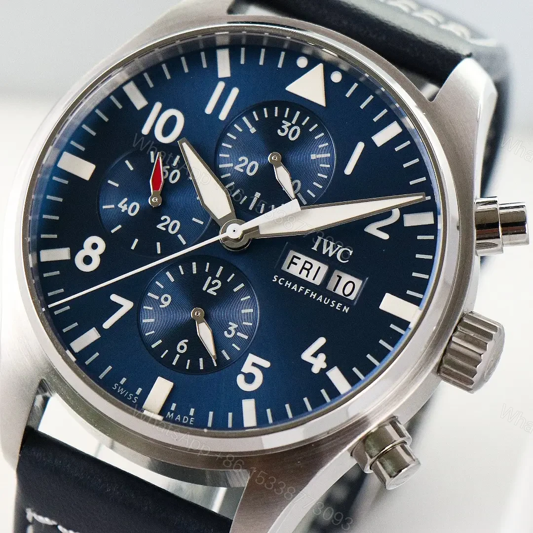 View 4 of IWC Pilot Chronograph Watch Blue Dial Black Leather Strap Ultimate 43MM IW3780031