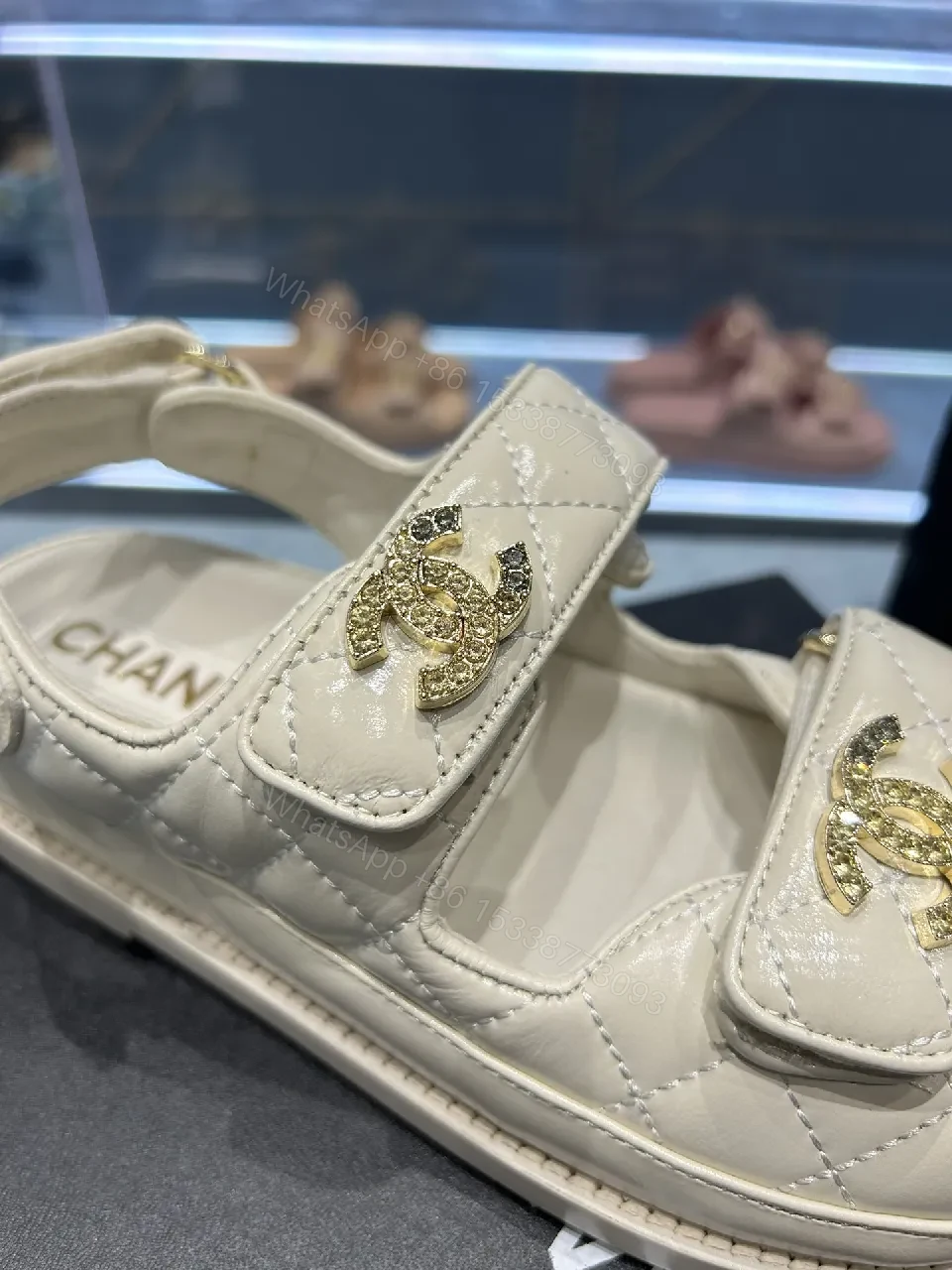 View 4 of Neutral Leather Quilted Sandals with Velcro Straps, Comfortable Luxury