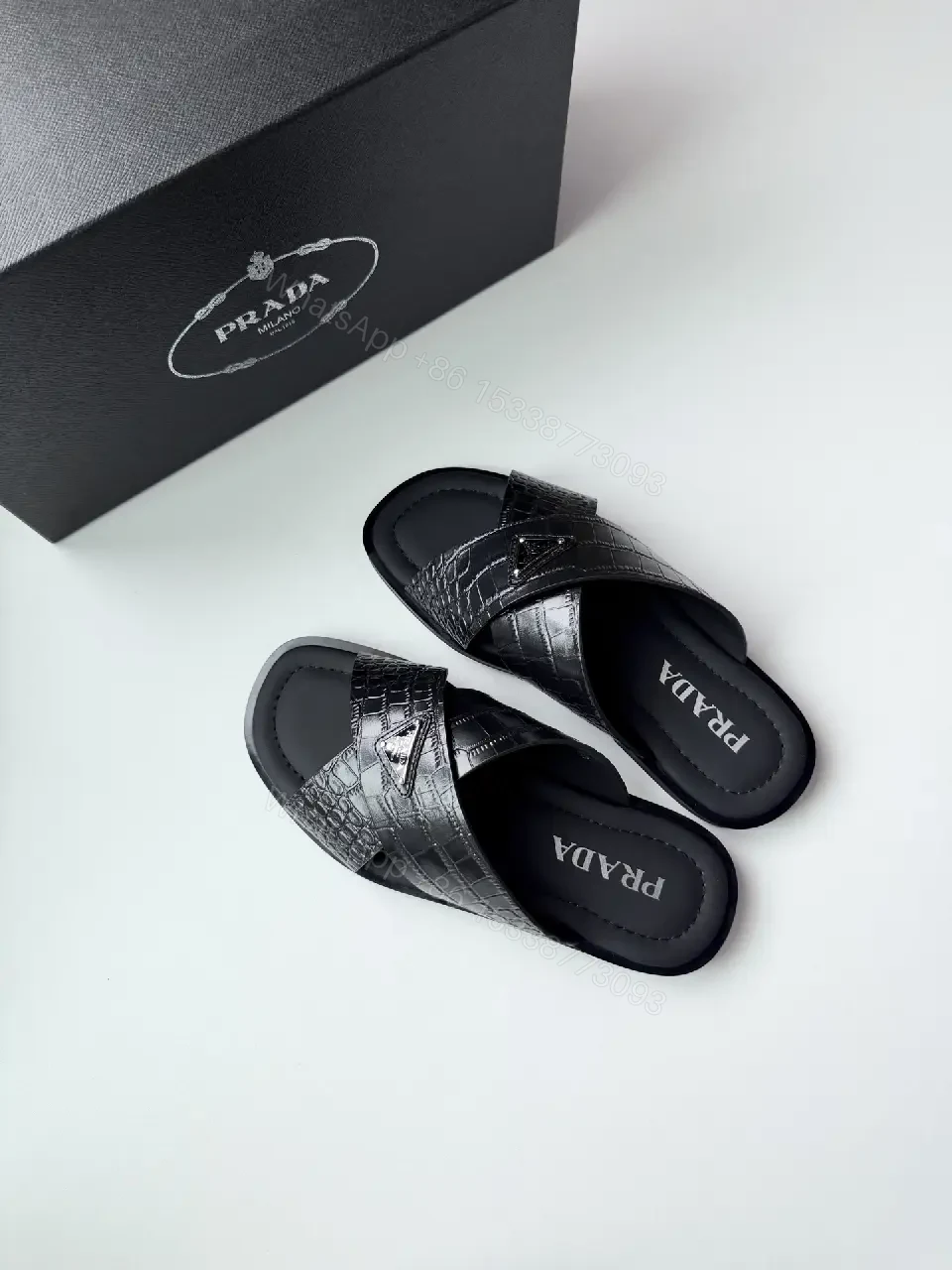 View 6 of Black Leather Quilted Prada Slides, Wide Strap, Luxury Sandals