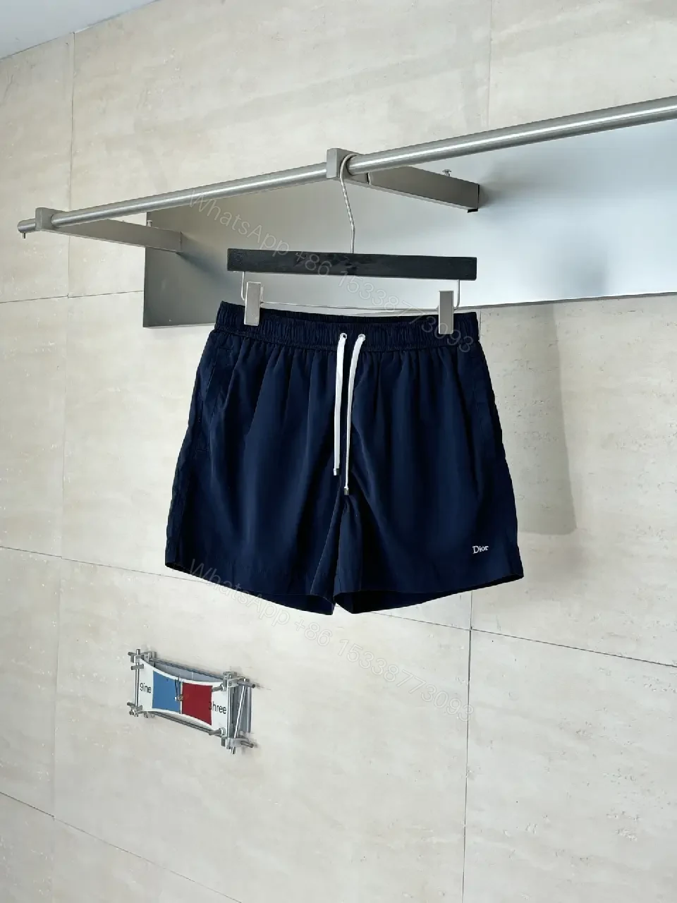 View 14 of Navy Nylon Drawstring Swim Shorts with Dior Logo