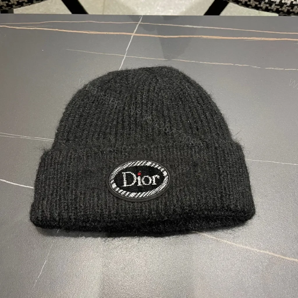 Black Knit Beanie, Dior Patch, Subtle Luxury Winter Accessory — view 1