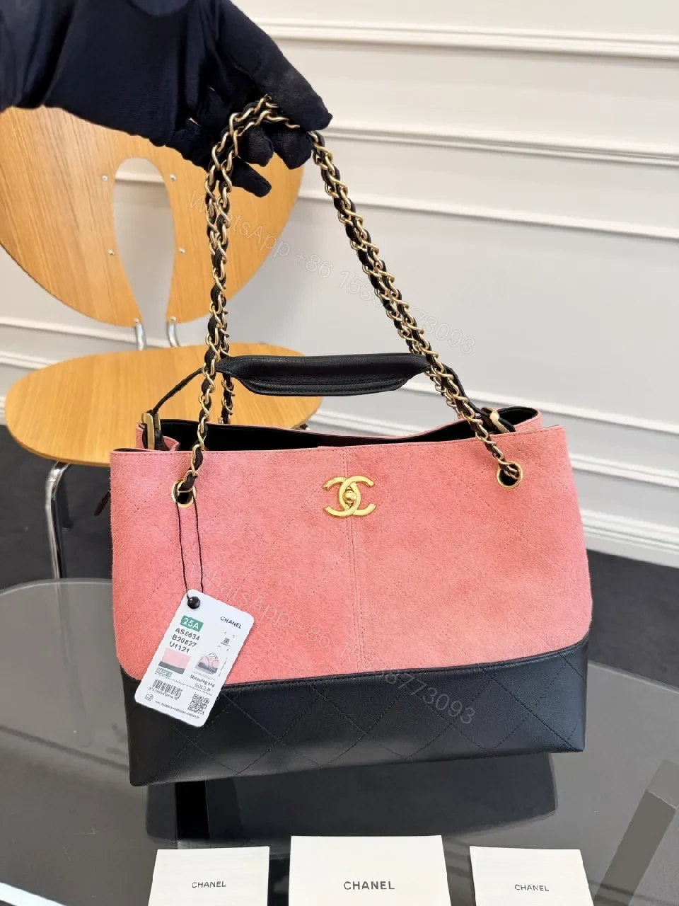 View 8 of Pink Black Quilted Tote with Chain - Modern Luxury Bag