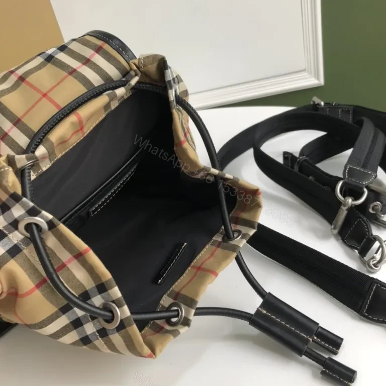 View 4 of Burberry-Inspired Plaid Compact Backpack with Leather Trim