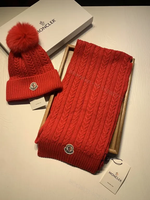 View 8 of Bold Red Cable Knit Beanie + Scarf Set by Moncler, Unisex Premium Knit