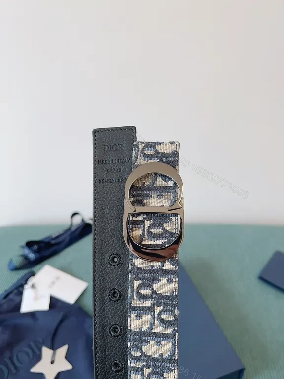 View 2 of Navy Dior Oblique Belt: Jacquard Texture & Silver Buckle