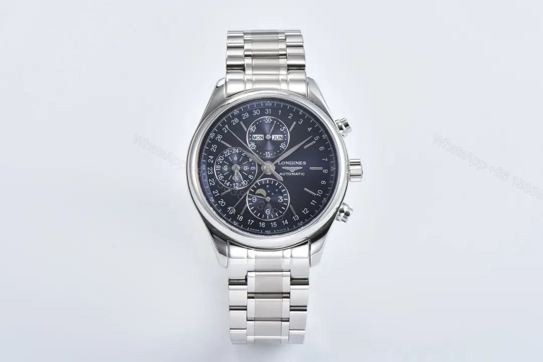 Longines Master Collection Moonphase Chronograph Watch Silver Stainless Steel Strap Blue Dial 42mm Case TW V9 Edition — view 1