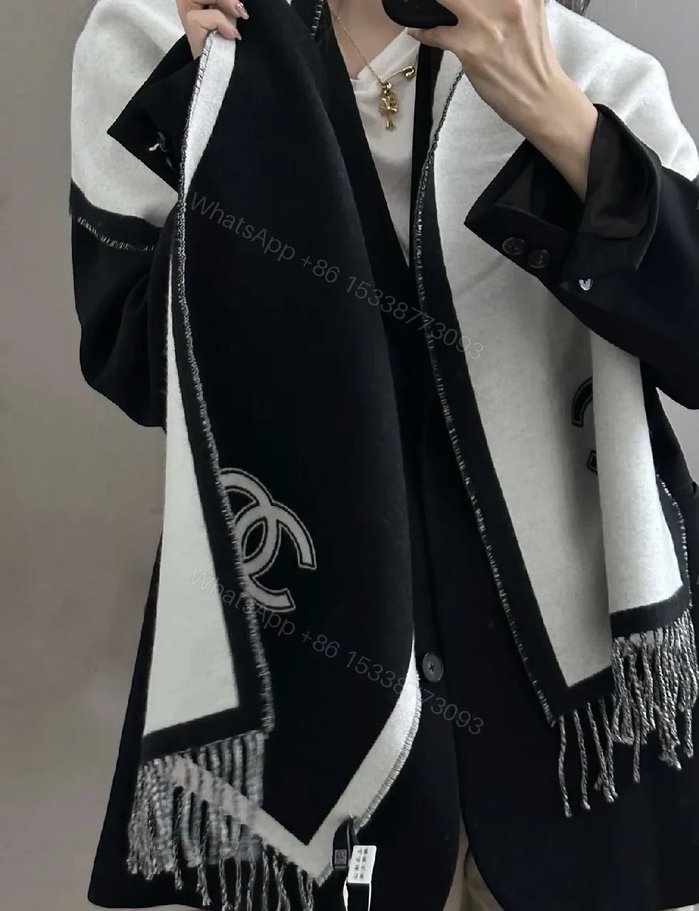 View 8 of Monochrome Knit Scarf: Two-Tone Luxe, Fringed Edge, Logo Motif