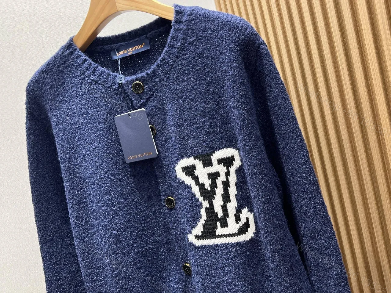 View 2 of Textured Knit Cardigan Navy Bouclé Monogram Accent Luxury Knitwear