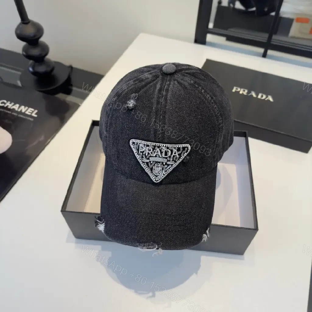 View 10 of Dark Denim Cap - Distressed, Rhinestone Prada Patch, Casual Baseball Cap
