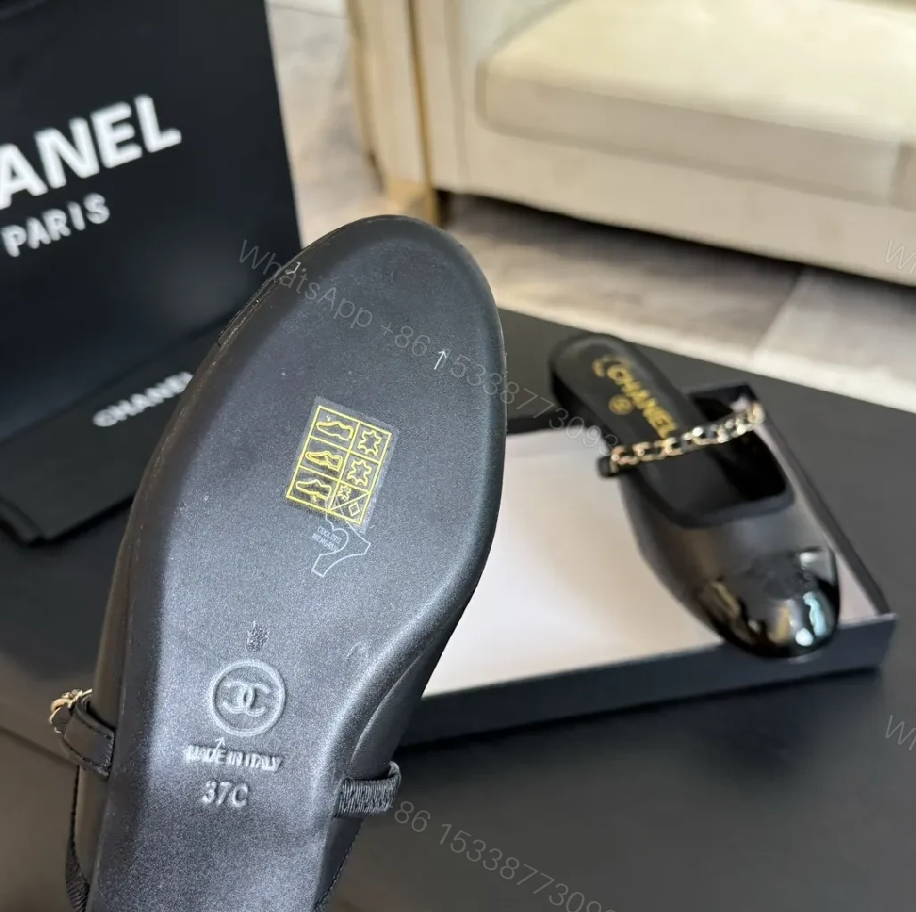 View 2 of Black Leather Slide Mules with Chain Detail - Luxe Casual Calm