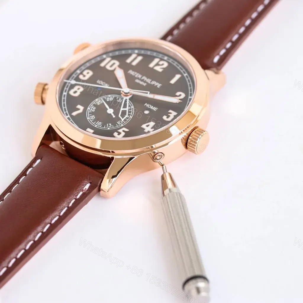 View 8 of Patek Philippe Calatrava Pilot Travel Time Watch Rose Gold with Brown Leather Strap Dual Time Zone Function Ref. 5524