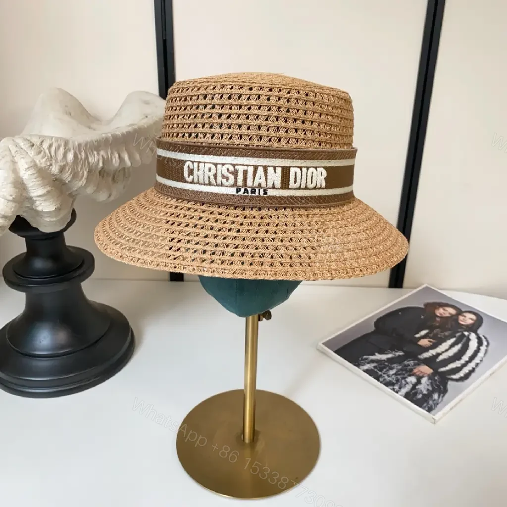 View 5 of Tan Woven Straw Hat Bucket-Style Wide-Brim with Logo Band