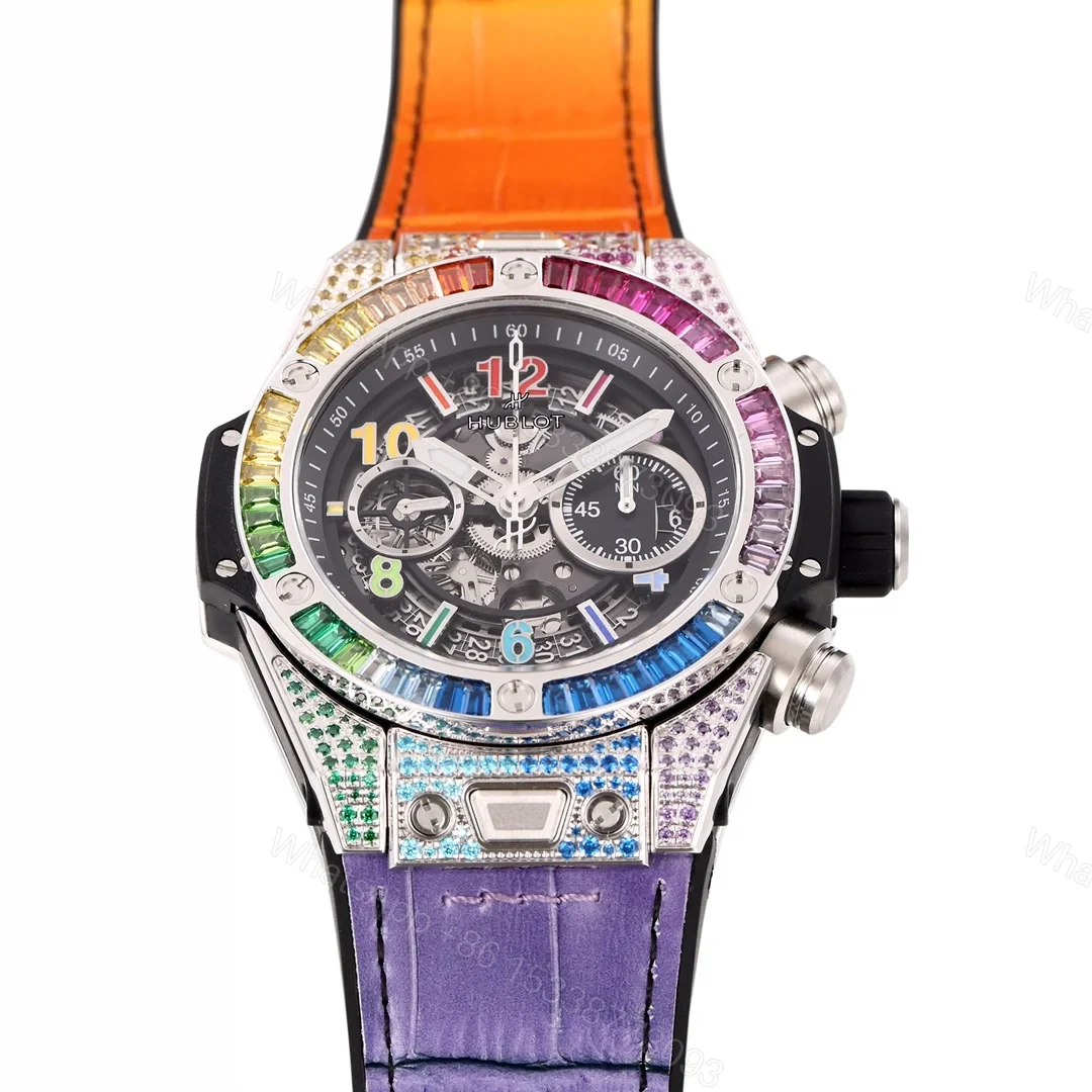 View 3 of Hublot Big Bang Rainbow Replica 45MM Premium Gem Bezel Orange Purple Leather Strap Edition RG-HUBLOT-RAINBOW-45