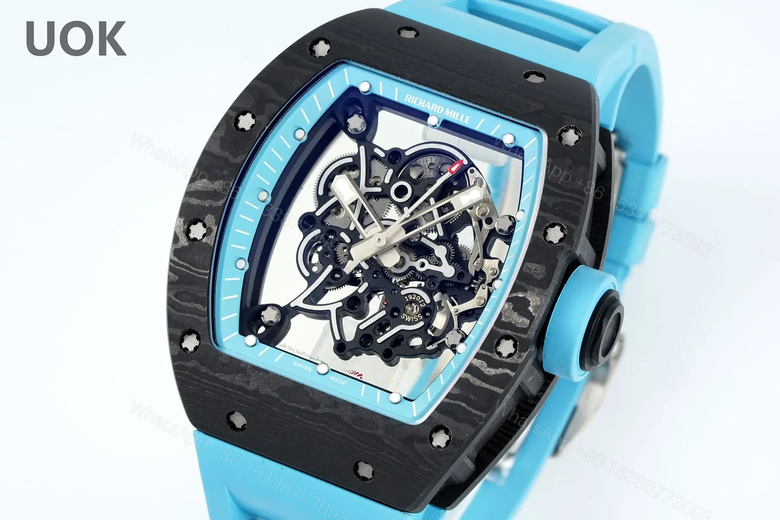 View 3 of Replica Richard Mille RM 55 Swiss Movement Super Clone Carbon Case Blue Rubber Strap