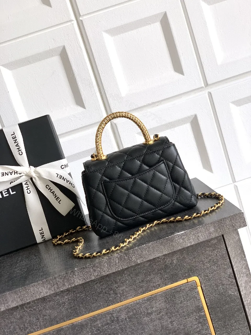 View 8 of Chic Quilted Black Leather Bag with Gold Chain