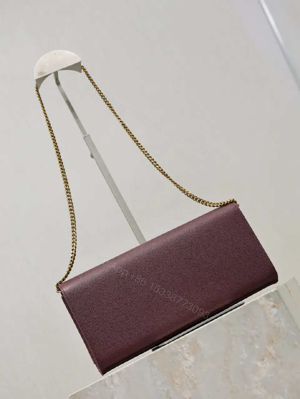 View 8 of Burgundy Leather Structured Shoulder Bag with Gold Hardware