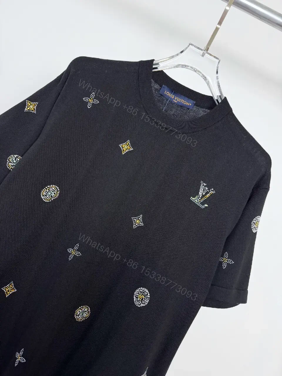 View 3 of Black Knit + Luxe Embellished + Modern Short-Sleeve + Signature Motifs + Knit Top