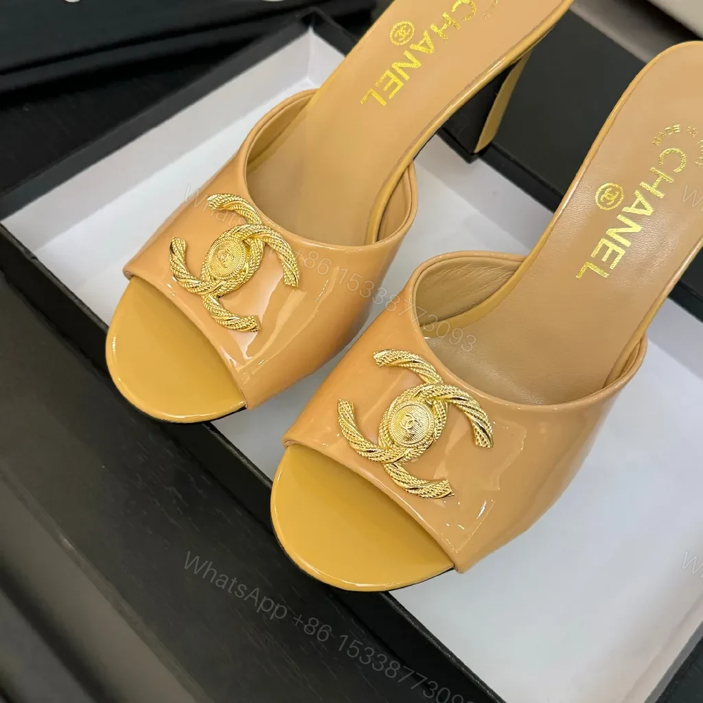 View 7 of Satin Mules: Nude-Toned, Gold-Emblem, Block Heel, Luxe Comfort