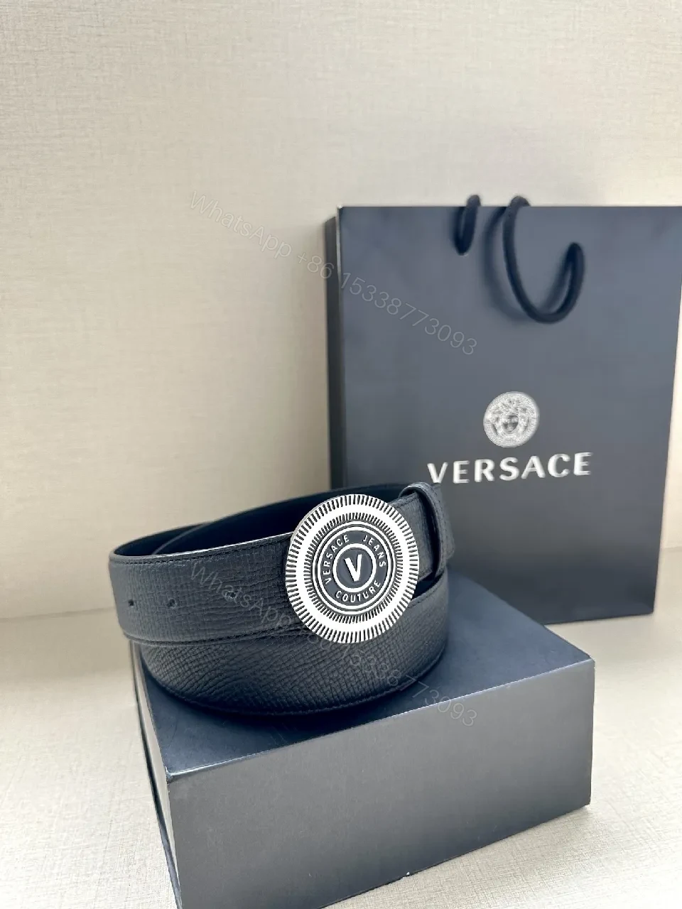 View 6 of Black Leather Belt with Gold Emblem - Premium, Textured Style