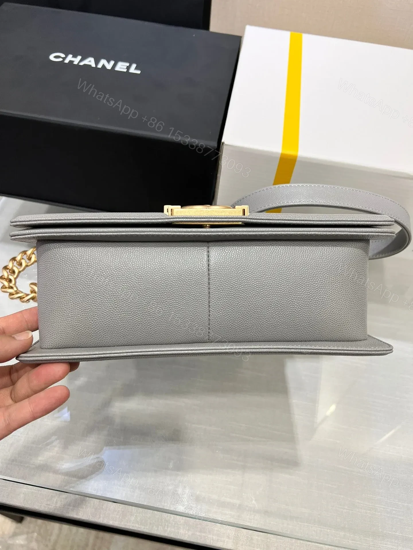 View 4 of CHANEL BOY BAG MEDIUM 25 GREY CAVIAR GOLD HARDWARE