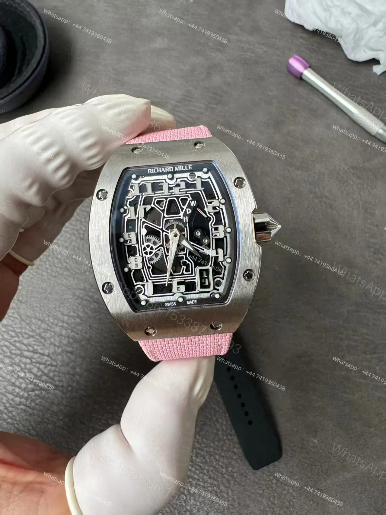 View 8 of Super Clone Richard Mille RM 67-01 Titanium Skeleton Pink Velcro Strap