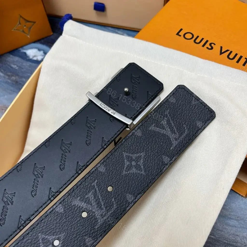 View 3 of Classic Leather Belt with Subtle Monogram, Dark Navy/Black, Premium Style