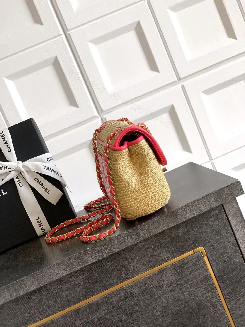 View 5 of Pink Trim Straw Bag with Chain Accent Compact Everyday Luxe