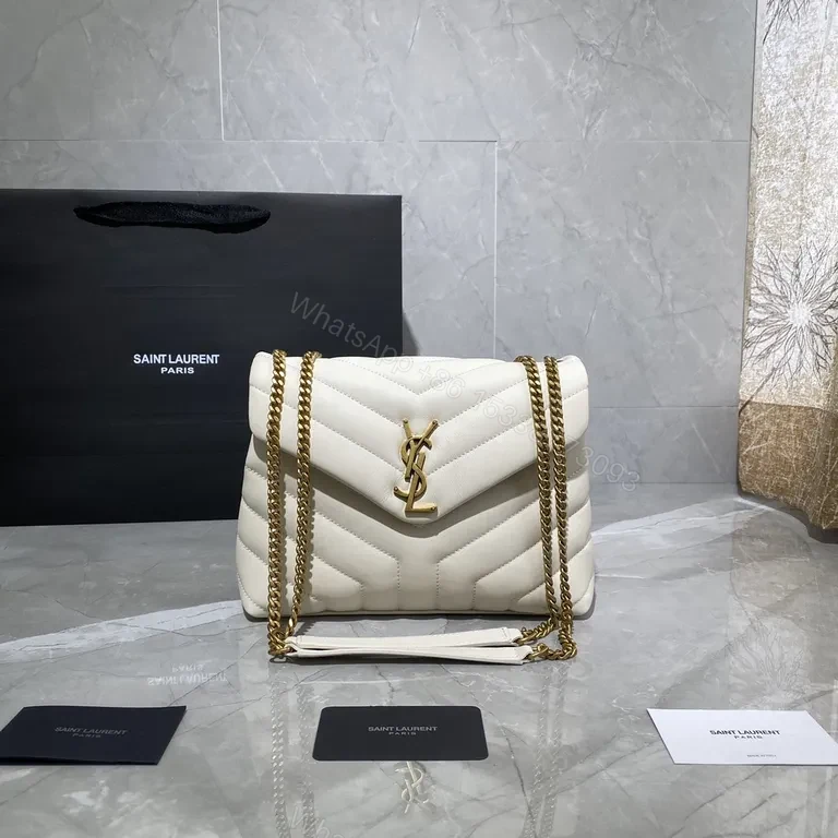 White Matelassé Shoulder Bag with Gold Chain - YSL Style Bag — view 1