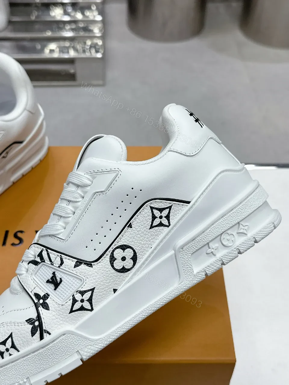 View 5 of White Leather Sneaker, Monogram Motif, Luxe Street Style, Designer Flair, Sneaker