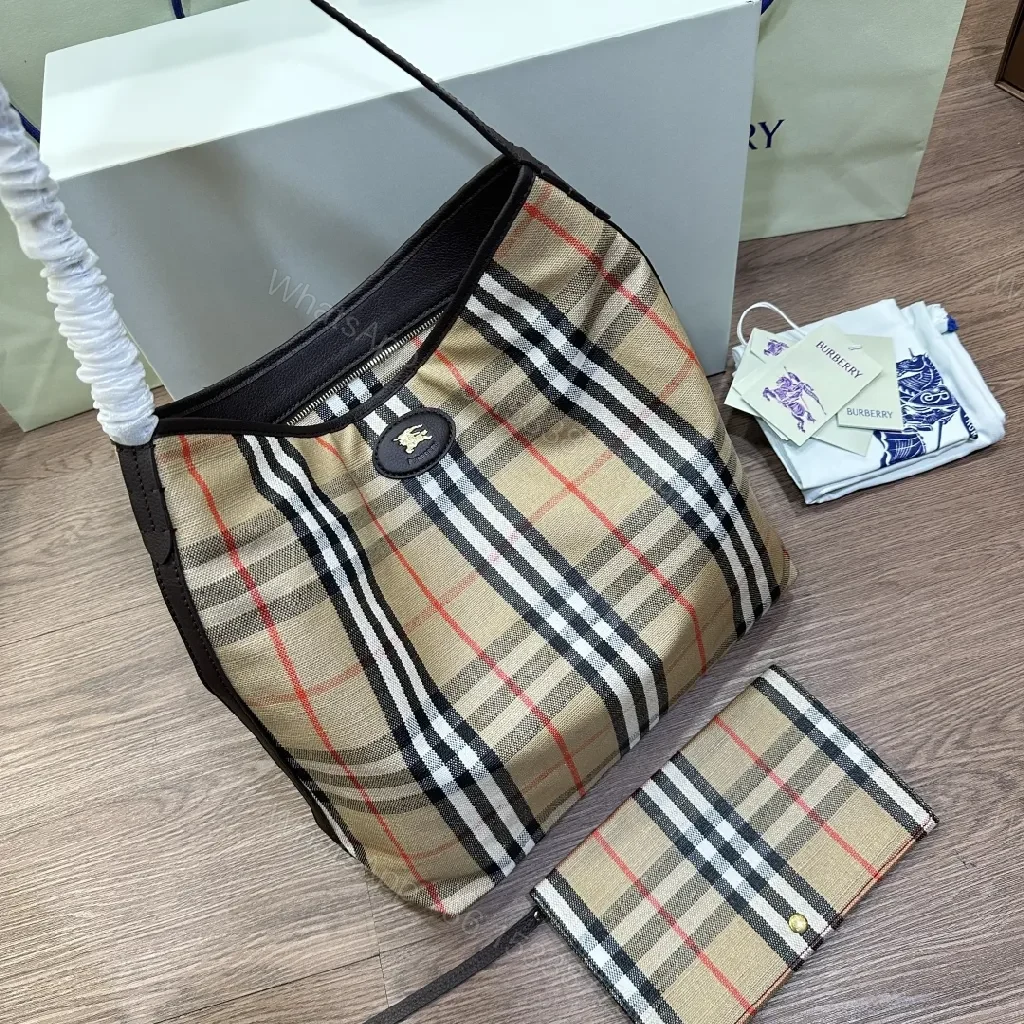 View 4 of Classic Check Tote Set: Luxe Silk-Lined Carryalls with Gold Hardware