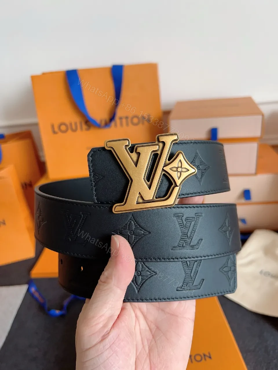 View 5 of Lux Black Leather Belt with LV Monogram & Silver Buckle