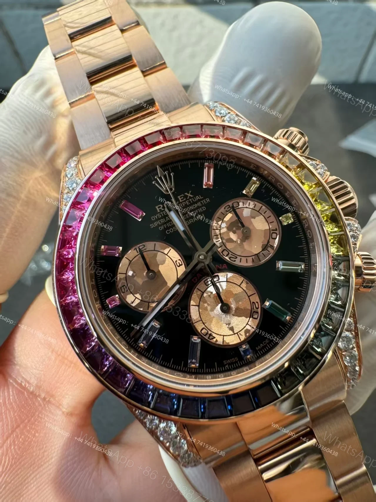 View 7 of Rolex Super Clone Rainbow Daytona 1:1 Replica Watch – 18K Rose Gold