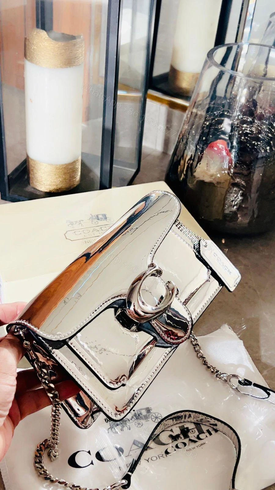View 3 of Coach Tabby Metallic Genuine Calf Leather Bag Silver First Copy | AAA+ Replica