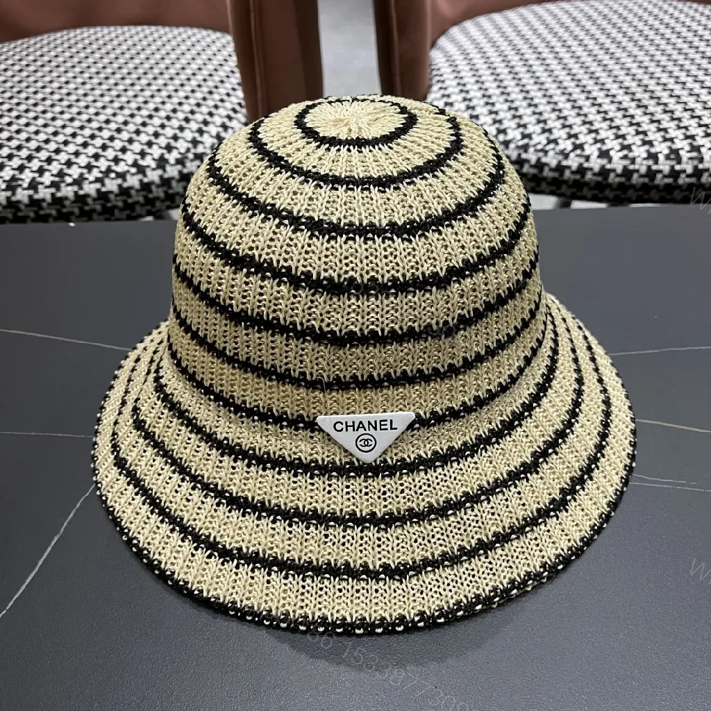 Straw Hat: Striped Beige/Black, Chanel-Inspired Luxe — view 1