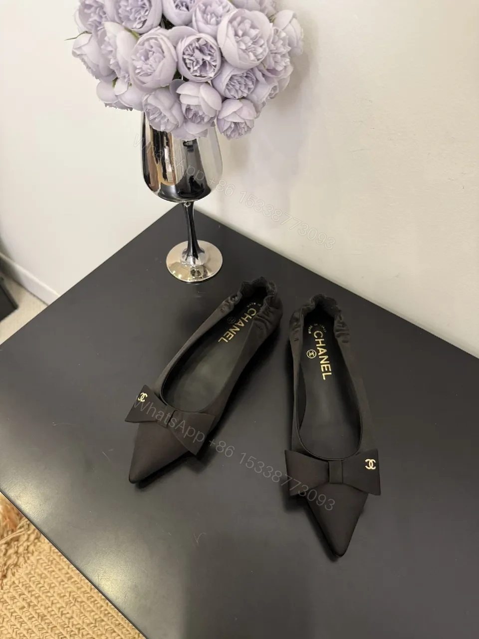 View 5 of Black Satin Pointed-Toe Mules with Bow Detail