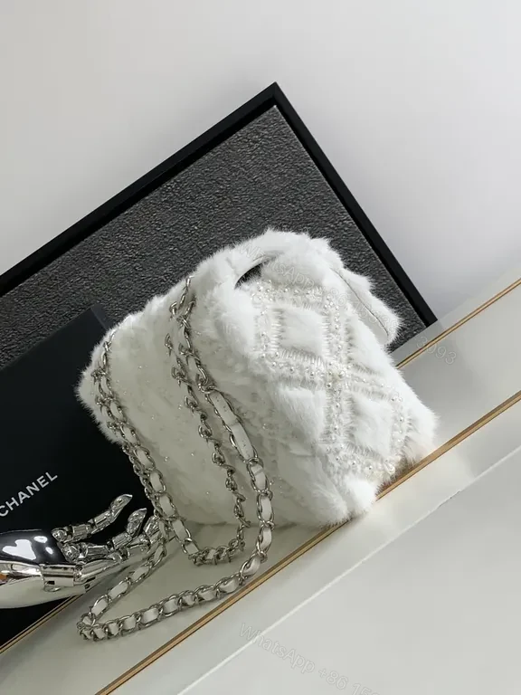 View 3 of White Faux-Fur Diamond Wallet Bag: Luxe, Structured, Signature Charm