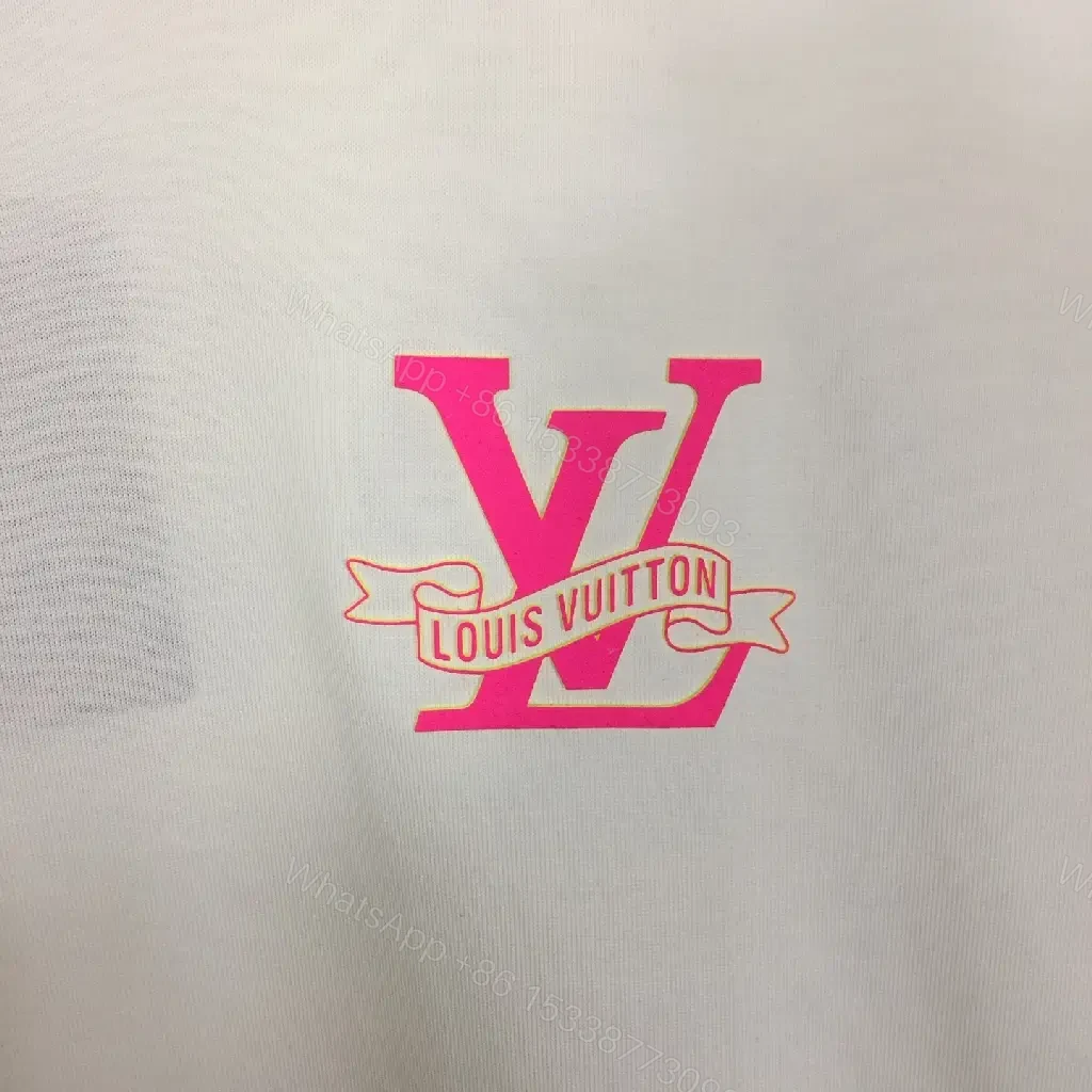View 4 of White Cotton Tee with Pink LV Emblem – Minimalist Luxe Top