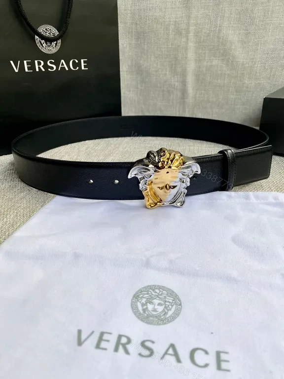 View 2 of Two-Tone Medusa Belt: Luxury Full-Grain Calfskin Accessory