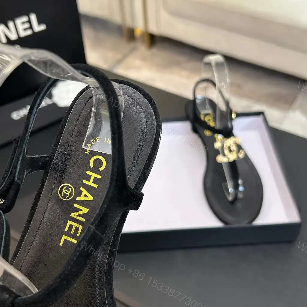 View 2 of Chic Clear-Strip Sandals: Gold Emblem Luxury Sandals
