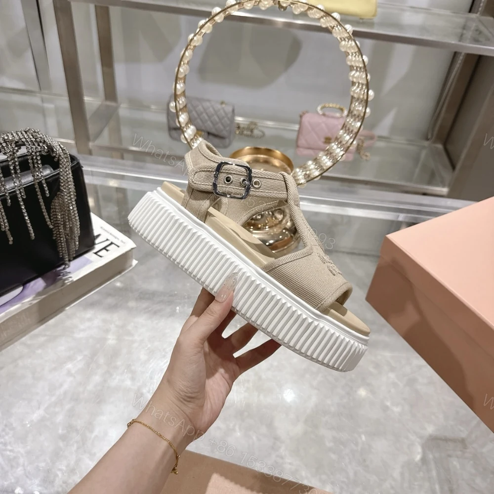 View 5 of MIUMIU DENIM FLATFORM SANDALS COLONIAL BEIGE 5X402E CSL F0044 F 045