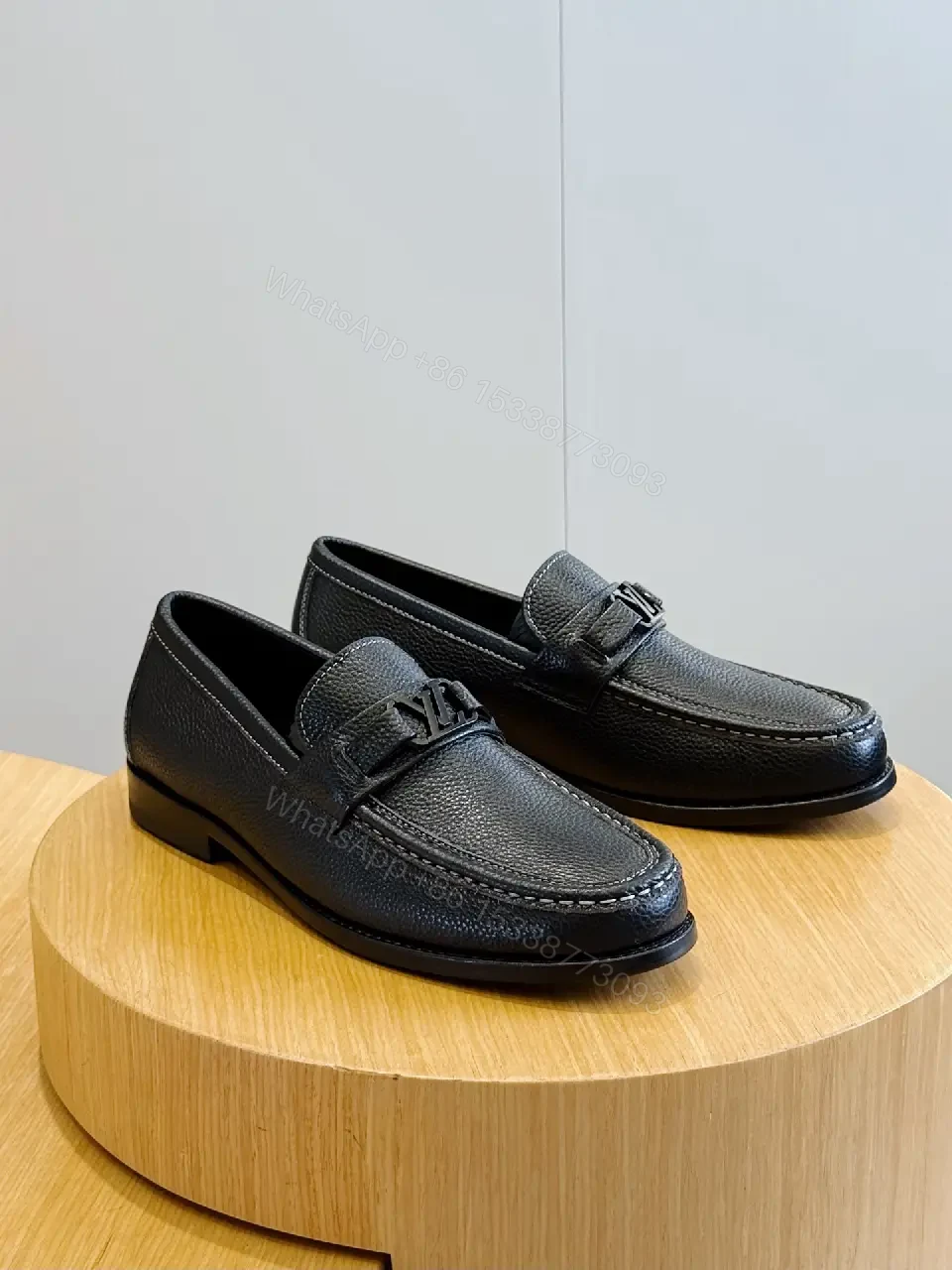 View 3 of Black Leather Loafers Louis-like Logo Comfort Slip-ons