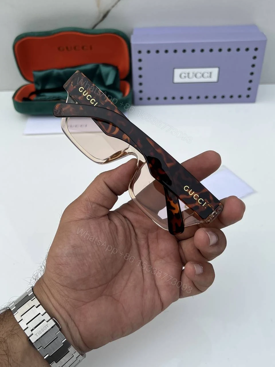 View 2 of First Copy Gucci Rectangular Sunglasses Beige Transparent Frame Brown Lens