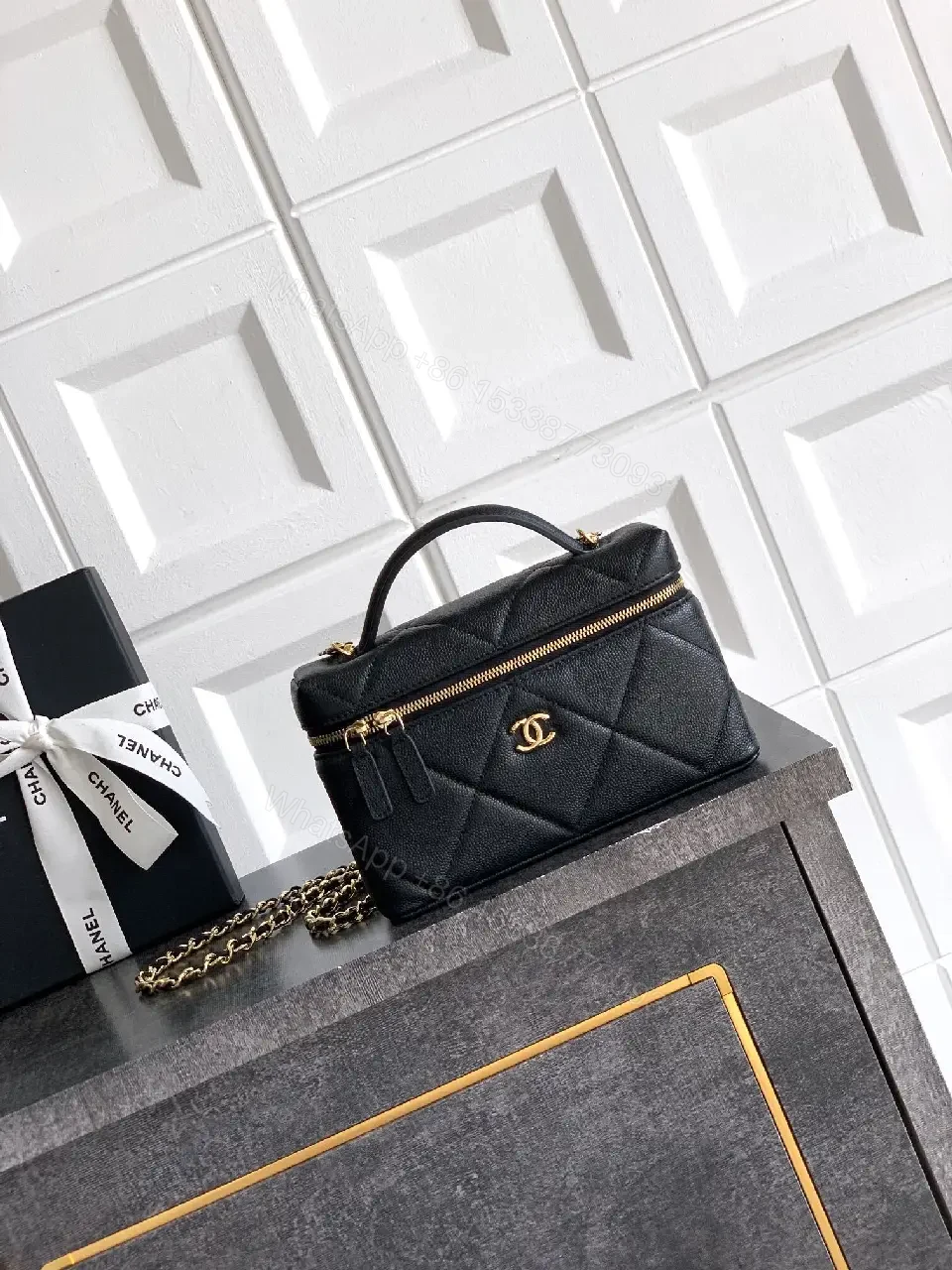 View 3 of Compact Quilted Luxury Bag with Gold Hardware, Crossbody Style