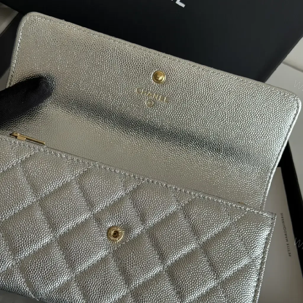 View 12 of Silver Metal Leather Quilted Wallet with CC Flap Closure