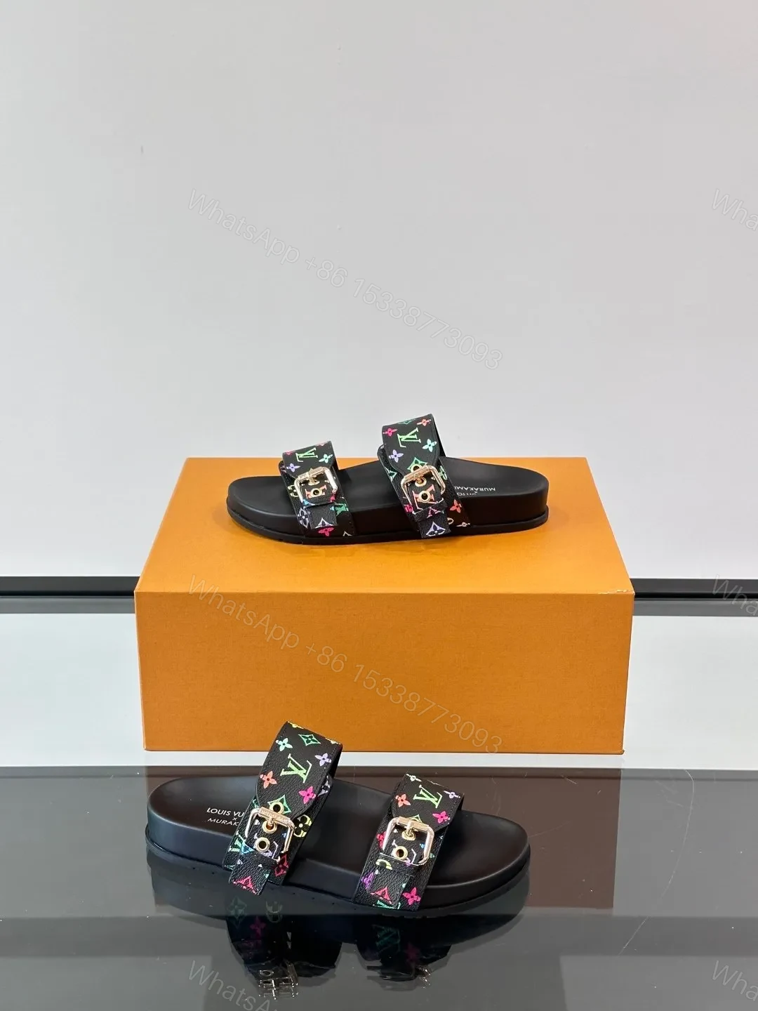 View 4 of LV Men Black Leather Multicolor Monogram Slides