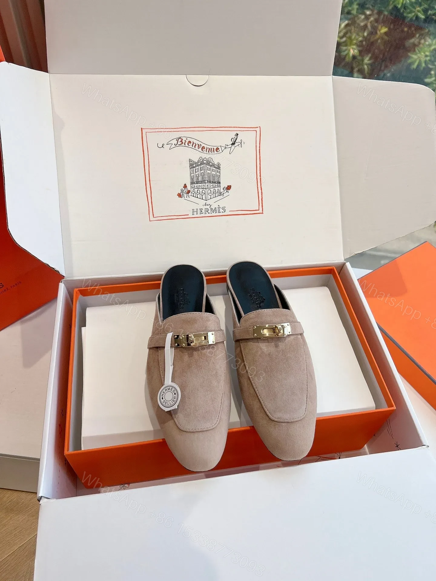 View 3 of Hermes Women Beige Suede Mules