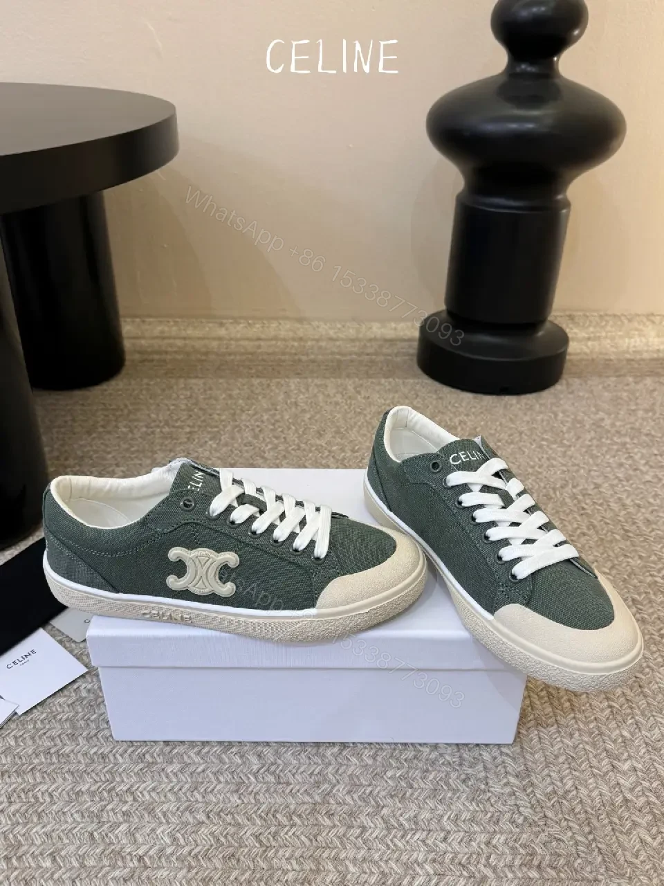 View 3 of Olive Green Canvas Sneakers White Rubber Sole Celine Style Comfort Fit Product Type: Sneakers