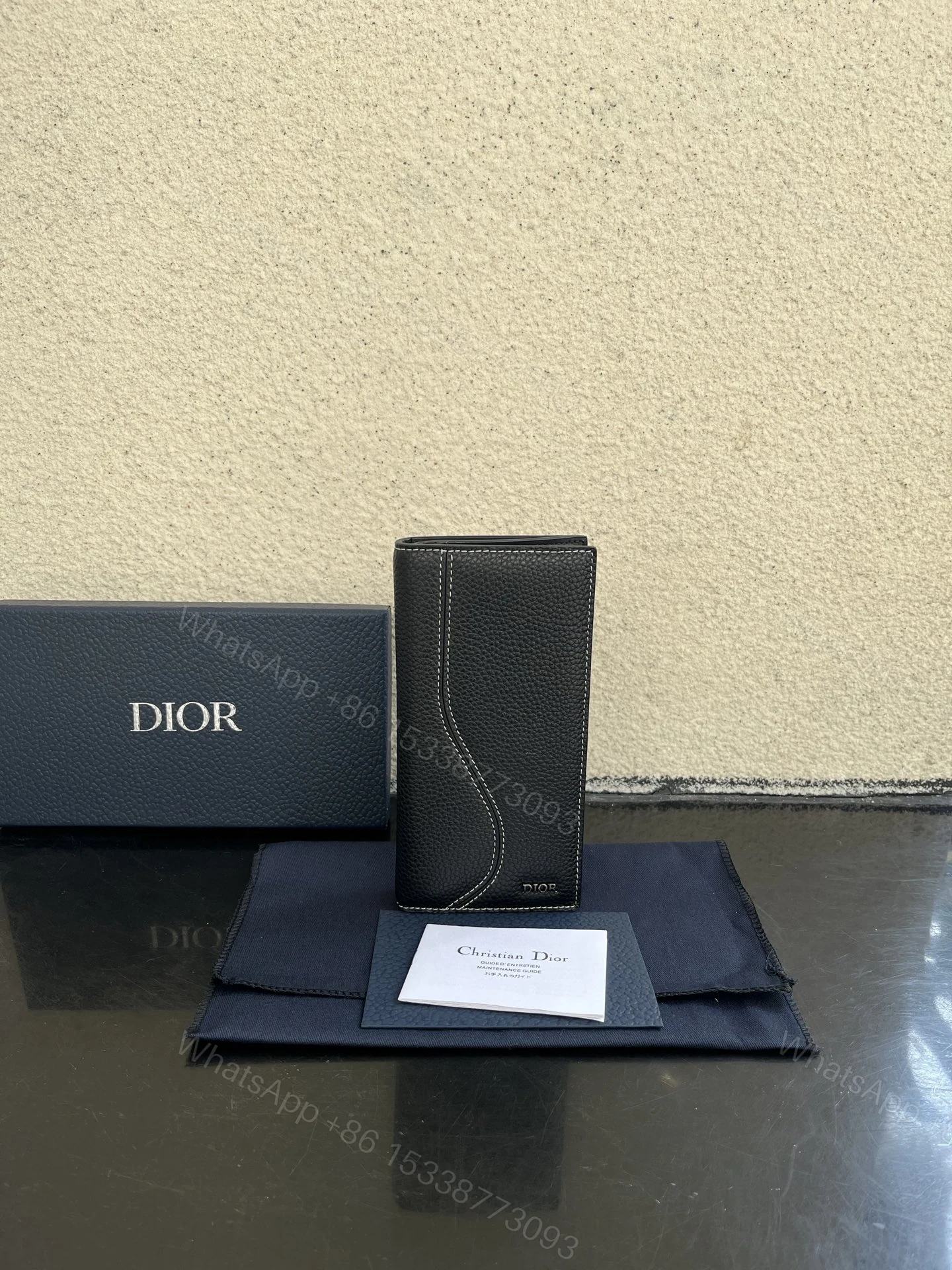 Dior 原單男士長夾 黑色荔枝紋皮革 對比縫線立體造型 — view 1