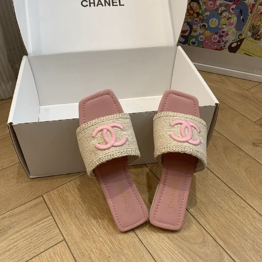 View 3 of Pink Raffia Slide, Interlocking Logo, Luxe Comfort Slides