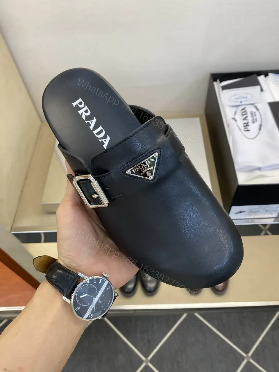 View 6 of Black Leather Slip-ons Mens Prada Style Buckle Sandals